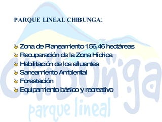 PARQUE LINEAL CHIBUNGA: Zona de Planeamiento 156,46 hectáreas Recuperación de la Zona Hídrica Habilitación de los afluentes Saneamiento Ambiental Forestación Equipamiento básico y recreativo 