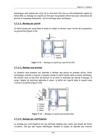 Chapitre V : Fonderie
mécaniques sont bonnes par suite de la structure fine due au refroidissement rapide du
métal [50]. Le moulage en coquille se fait pour les grandes séries mais pour des pièces de
petites et moyennes dimensions ; où l’on distingue deux techniques :
V.7.2.2. Moulage par gravité
Le métal liquide est versé dans le moule et rempli ce dernier sous l'action de la pesanteur
ou gravitation (figure V.13).
1 : louche
2 : Coquille
Figure V.13. : Moulage en coquille par gravitation [51]
V.7.2.3. Moulage sous pression
La fonderie sous pression est destinée à réaliser des pièces en grandes séries. Cette
technologie consiste à injecter à grande vitesse le métal liquide dans un moule métallique.
On obtient ainsi un bon état de surface et on évite le maximum de reprise d'usinage. Il
exige l'emploi de machines spéciales à couler, le métal est injecté dans la coquille sous
l'action d'un piston (figure V.14).
1 : Verseur
2 : Brûleur
3 : Piston
4 : Moule
Figure V.14. : Moulage en coquille sous pression [51]
V.7.2.4. Moulage par centrifugation
Le moulage par centrifugation est une méthode adaptée pour couler des objets de forme
circulaire, tels que des tuyaux métalliques. Pendant la coulée, on imprime une rotation
- 74 -
 