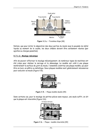 Chapitre V : Fonderie
Marbre
Châssis
inférieur
Châssis
supérieur
Trous évents Trous évents
Coulé métal
Plan de
joint
Noyau
Figure V.3.c : Troisième étape [48]
Notons, que pour éviter la séparation des deux parties du moule sous la poussée du métal
liquide au moment de la coulée, les deux châssis doivent être solidement réunies (par
agrafes ou charges pesantes).
V.7.1.2. Moulage mécanique
Afin de pouvoir effectuer le moulage mécaniquement, de nombreux types de machines ont
été crées pour réaliser le serrage et le démoulage. Le modèle est collé à une plaque
matérialisant la surface de joint du moule, l'ensemble constitue une plaque modèle, qui peut
être en bois, en plâtre ou métallique. Deux plaques modèles sont généralement nécessaires
pour exécuter un moule (figure V.5).
Plâtre
Figure V.5. : Plaque modèle double [49]
Dans certains cas, pour le moulage de petites pièces sans noyaux, une seule suffit, on dit
que la plaque est réversible (figure V.6).
02 Plaques identiques
Figure V.6. : Plaque – modèle réversible [49]
- 71 -
 
