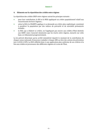 6                                               Annexe 3 


4.   Eléments sur la répartition des crédits entre régions 

La répartition des crédits GRSP entre régions suivait les principes suivants : 
      pour leur contribution, le RSI et la MSA appliquait un critère populationnel relatif aux 
      ressortissants de leurs régimes ; 
      selon la DGS, la CNAMTS applique à sa demande un critère plus sophistiqué, consistant 
      à  pondérer  la  population  par  des  indices  de  précarité  et  de  mortalité  prématurée 
      évitable ;  
      la  DGS,  qui  a  élaboré  ce  critère,  ne  l’appliquait  pas  encore  aux  crédits  d’Etat  destinés 
      aux  GRSP,  mais  s’assurait  néanmoins  que  les  écarts  entre  régions,  mesurés  sur  cette 
      base, se réduisaient progressivement.  
La  loi  prévoit  désormais  qu’un  arrêté  ministériel  répartit  le  montant  de  la  contribution  de 
chaque caisse nationale d’assurance maladie à chaque ARS au titre des actions de prévention 
(art. L1434‐6 CSP). La DGS réfléchit donc à une application plus uniforme de ses critères à la 
fois aux crédits en provenance des différents régimes et à ceux de l’Etat.  




 
 




                                                   ‐ 6 ‐ 
 