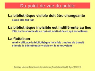Dominique Lahary et Claire Gaudois. Introduction aux fonds flottants Cible95, Osny, 16/06/2016
Du point de vue du public
La bibliothèque visible doit être changeante
sinon elle fait fuir
La bibliothèque invisible est indifférente au lieu
Elle est la somme de ce qui est sorti et de ce qui est ailleurs
La flottaison
rend + efficace la bibliothèque invisible : moins de transit
stimule la bibliothèque visible en la renouvelant
 