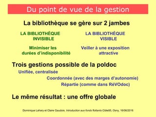 Dominique Lahary et Claire Gaudois. Introduction aux fonds flottants Cible95, Osny, 16/06/2016
Du point de vue de la gestion
La bibliothèque se gère sur 2 jambes
LA BIBLIOTHÈQUE
INVISIBLE
LA BIBLIOTHĖQUE
VISIBLE
Veiller à une exposition
attractive
Minimiser les
durées d’indisponibilité
Trois gestions possible de la poldoc
Unifiée, centralisée
Coordonnée (avec des marges d’autonomie)
Répartie (comme dans RéVOdoc)
Le même résultat : une offre globale
 