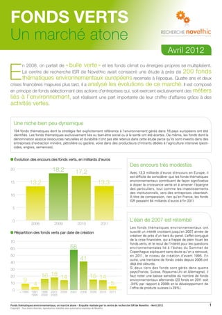 FONDS VERTS
Un marché atone
                                                                                                                                     Avril 2012


E
       n 2008, on parlait de « bulle verte » et les fonds climat ou énergies propres se multipliaient.
       Le centre de recherche ISR de Novethic avait consacré une étude à près de 200 fonds
       thématiques environnementaux européens recensés à l’époque. Quatre ans et deux
crises financières majeures plus tard, il a analysé les évolutions de ce marché. Il est composé
en principe de fonds sélectionnant des actions d’entreprises qui, soit exercent exclusivement des métiers
liés à l’environnement, soit réalisent une part importante de leur chiffre d’affaires grâce à des
activités vertes.


   Une niche bien peu dynamique
   194 fonds thématiques dont la stratégie fait explicitement référence à l’environnement gérés dans 18 pays européens ont été
   identifiés. Les fonds thématiques exclusivement liés au bien-être social ou à la santé ont été écartés. De même, les fonds dont la
   dénomination associe ressources naturelles et durabilité n’ont pas été retenus dans cette étude parce qu’ils sont investis dans des
   entreprises d’extraction minière, pétrolière ou gazière, voire dans des producteurs d’intrants dédiés à l’agriculture intensive (pesti-
   cides, engrais, semences).


   Évolution des encours des fonds verts, en milliards d’euros
                                                                                                          Des encours très modestes
20                                         18,2                   17,2                                    Avec 13,3 milliards d’euros d’encours en Europe, il
                                                                                                          est difficile de considérer que les fonds thématiques
                                                                                                          environnementaux contribuent de façon significative
15                 13,2                                                                   13,3            à doper la croissance verte et à amener l’épargne
                                                                                                          des particuliers, tout comme les investissements
                                                                                                          des institutionnels, vers des entreprises cleantech.
10                                                                                                        À titre de comparaison, rien qu’en France, les fonds
                                                                                                          ISR pesaient 64 milliards d’euros à fin 2011.

  5


  0                                                                                                       L’élan de 2007 est retombé
                     2008                    2009                    2010                   2011
                                                                                                          Les fonds thématiques environnementaux ont
   Répartition des fonds verts par date de création                                                       suscité un intérêt croissant jusqu’en 2007 année de
                                                                                                                                                        ,
                                                                                                          création de près d’un tiers du panel. L  ’effet conjugué
                                                                                                          de la crise financière, qui a frappé de plein fouet les
70
                                                                                                          fonds verts, et le recul de l’intérêt pour les questions
60                                                           58                                           environnementales lié à l’échec du Sommet de
                                                                                                          Copenhague expliquent sans doute qu’on a retrouvé,
50                                                                                                        en 2011, le niveau de création d’avant 1995. En
                                                                       41                                 outre, une trentaine de fonds créés depuis 2006 ont
40                                                                                                        déjà été clôturés.
30                                                                                                        Si deux tiers des fonds sont gérés dans quatre
                                                                                                          pays  (France, Suisse, Royaume-Uni et Allemagne), il
20                             16 18 14                                          15 14                    faut noter une baisse sensible du nombre de fonds
             9                                                                                            environnementaux allemands (23 fonds en 2011 soit
10                     4                                                                           5      -34% par rapport à 2008) et le développement de
                                                                                                          l’offre de produits suisses (+29%).
  0      < 1990 1991           1996      2001      2006      2007      2008      2009       2010   2011
                1995           2000      2005


Fonds thématiques environnementaux, un marché atone - Enquête réalisée par le centre de recherche ISR de Novethic - Avril 2012	                                      1
Copyright : Tous droits réservés, reproduction interdite sans autorisation expresse de Novethic.
 