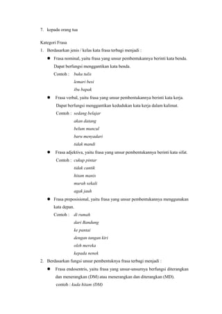 7. kepada orang tua

Kategori Frasa
1. Berdasarkan jenis / kelas kata frasa terbagi menjadi :
    Frasa nominal, yaitu frasa yang unsur pembentukannya berinti kata benda.
       Dapat berfungsi menggantikan kata benda.
       Contoh :   buku tulis
                  lemari besi
                  ibu bapak
    Frasa verbal, yaitu frasa yang unsur pembentukannya berinti kata kerja.
        Dapat berfungsi menggantikan kedudukan kata kerja dalam kalimat.
        Contoh : sedang belajar
                  akan datang
                  belum muncul
                  baru menyadari
                  tidak mandi
    Frasa adjektiva, yaitu frasa yang unsur pembentukannya berinti kata sifat.
        Contoh : cukup pintar
                  tidak cantik
                  hitam manis
                  murah sekali
                  agak jauh
    Frasa preposisional, yaitu frasa yang unsur pembentukannya menggunakan
       kata depan.
       Contoh :   di rumah
                  dari Bandung
                  ke pantai
                  dengan tangan kiri
                  oleh mereka
                  kepada nenek
2. Berdasarkan fungsi unsur pembentuknya frasa terbagi menjadi :
    Frasa endosentris, yaitu frasa yang unsur-unsurnya berfungsi diterangkan
        dan menerangkan (DM) atau menerangkan dan diterangkan (MD).
        contoh : kuda hitam (DM)
 