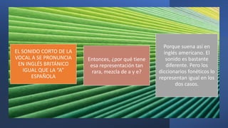 EL SONIDO CORTO DE LA
VOCAL A SE PRONUNCIA
EN INGLÉS BRITÁNICO
IGUAL QUE LA “A”
ESPAÑOLA
Entonces, ¿por qué tiene
esa repr...