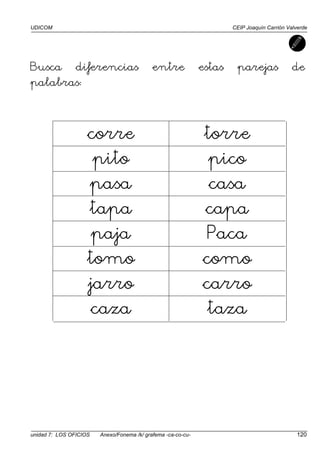 UDICOM CEIP Joaquín Carrión Valverde
unidad 7: LOS OFICIOS Anexo/Fonema /k/ grafema -ca-co-cu- 120
Busca diferencias entre estas parejas de
palabras:
corre torre
pito pico
pasa casa
tapa capa
paja Paca
tomo como
jarro carro
caza taza
 