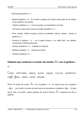 UDICOM CEIP Joaquín Carrión Valverde
unidad 7: LOS OFICIOS Anexo/fonema /k / grafema -ca-co-cu- 114
•Escritura del grafema - c -:
- Dibujar el grafema - c-. En el suelo y repasar con el dedo ,andar sobre él. Se utilizará
como material un aro grande.
- Diseñar el grafema - c - con las cuerdas, con piedrecitas en el suelo.
- Con serrín, arena, tierra, hacer con el dedo el grafema - c -.
- Picar, colorear, bolitas de papel, churritos de plastilina, rellenar, repasar , decorar el
grafema - c -.
- Construir el grafema - c - en el papel continuo o en doble folio, con distintos
instrumentos y distintas posiciones.
- Construir el grafema - c - enlazado en la pizarra.
- Realizar el grafema - c - enlazado en el folio.
- Realizar el grafema - c -.
Palabras que contienen el cuento del sonido / k
k
k
k / con el grafema –
c
c
c
c-
-
-
-.
.
.
.
Casa, cometa, copa, pico, capa, cuna, cadena,
café, foca, roca, saco, cacao.
NOTA: El cuento del sonido / k / con el grafema – c – se realiza junto con el grafema
– qu-, por lo tanto, el cuento de este fonema se encuentra en el grafema - qu -. Al igual
que la rima y la canción, ambos aspectos son para el fonema / k / cualquiera que sea el
grafema.
 