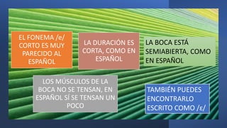 EL FONEMA /e/
CORTO ES MUY
PARECIDO AL
ESPAÑOL
LA DURACIÓN ES
CORTA, COMO EN
ESPAÑOL
LOS MÚSCULOS DE LA
BOCA NO SE TENSAN,...