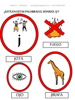 JOTA
FUEGO
OJO JIRAFA
¿ESTÁ EN ESTAS PALABRASEL SONIDO /J/?
HABLA-M FONEMA /J/ cortes0alba.blogspot.com.es CEIP VICTORIA DÍEZ
j
 