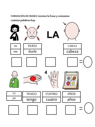 FORMACIÓN DEFRASES: Leemos la frase ycontamos
cuántaspalabras hay.
ME
me
CABEZA
cabeza
DUELE
duele
YO
yo
TENGO
tengo
CUATRO
cuatro
AÑOS
años
 