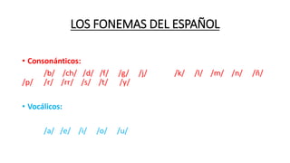 LOS FONEMAS DEL ESPAÑOL
• Consonánticos:
/b/ /ch/ /d/ /f/ /g/ /j/ /k/ /l/ /m/ /n/ /ñ/
/p/ /r/ /rr/ /s/ /t/ /y/
• Vocálicos:
/a/ /e/ /i/ /o/ /u/
 