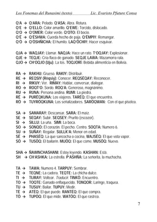 Los Fonemas del Runasimi (texto)

Lic. Evaristo Pfuture Consa

Q’A
Q’E
Q’O
Q’Ë
Q’Ö

Q’ARA: Pelado. Q’ASA: Abra. Rotura.
Q’ELLO: Color amarillo. Q’EWE: Torcido, dislocado.
Q’OMER: Color verde. Q’OTO: El bocio.
Q’ËSHWA: Cuerda hecho de paja. Q’ËMPIY: Remangar.
Q’ÖSHÑICHA: El humito. LAQ’ÖCHIY: Hacer esquivar.

QJA
QJE
QJO

WAQJAY: Llamar. NAQJA: Hace un rato. T’OQJAY: Explosionar.
TEQJE: Cría flaco de ganado. SEQJE LAWA: Mazamorra rala.
CH’OQJO (Uju): La tos. TOQJORÍ: Bebida alimenticia en Bolivia.

RA
RE
RI
RO
RU
RË
RÖ

RAKHU: Grueso. RAKIY: Distribuir.
REQSIY (Rëqsiy): Conocer. REQSËQAY: Reconocer.
RIKUY: Ver. RIMAY: Hablar, conversar, dialogar.
ROQT’O: Sordo. ROQ’A: Generoso, magnánimo.
RUNA: Persona andina. RUMI: La piedra.
PURËQKUNA: Los viajeros. TARËQ: El que encuentra.
TUYRÖQKUNA: Los señalizadores. SARÖQWAN: Con el que pisotea.

SA
SE
SI
SO
SU
SË
SÖ

SAMARAY: Descansar. SARA: El maíz.
SEQAY: Subir. SEQSEY: Prurito (escozor).
SILLU: La uña. SIMI: La boca.
SONQO: El corazón. El pecho. Centro. SOQTA: Numero 6.
SUÑAY: Regalar. SULLK’A: Menor en edad.
PHASËQ: La que sancocha o cocina, WAJSËQ: El que vota vapor.
TUSÖQ: El bailarín. MIJÖQ: El que come. MUSÖQ: Nuevo.

SHA
SH

ÑAWINCHASHANI: Estoy leyendo. KASHAN: Está.
CH’ASHKA: La estrella. P’ASHÑA: La señorita, la muchacha.

TA
TE
TI
TO
TU
TË
TÖ

TAWA: Numero 4. TARPUY: Sembrar.
TEQNE: La cadera. TEQTE: La chicha dulce.
TIJRAY: Voltear. Traducir. TINKÖ: Encuentro.
TOQTE: Ganado enflaquecido. TONQOR: Laringe, traquea.
TUSUY: Bailar. TUPUY: Medir.
ATËQ: El que puede. RANTËQ: El que compra.
TUPÖQ: El que mide. WATÖQ: El que rastrea.

7

 