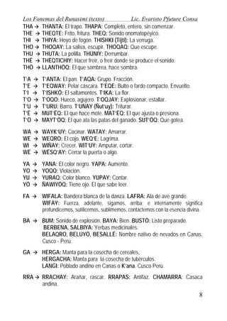 Los Fonemas del Runasimi (texto)
Lic. Evaristo Pfuture Consa
THA
THANTA: El trapo. THAPA: Completo, entero, sin comenzar.
THE
THEQTE: Frito, fritura. THEQ: Sonido onomatopéyico.
THI
THIYA: Hoyo de fogón. THISHKI (Tijti): La verruga.
THO THOQAY: La saliva, escupir. THOQAQ: Que escupe.
THU
THUTA: La polilla. THUNIY: Derrumbar.
THË
THËQTICHIY: Hacer freír, o freír donde se produce el sonido.
THÖ LLANTHÖQ: El que sombrea, hace sombra.
T’A
T’E
T’I
T’O
T’U
T’Ë
T’Ö

T’ANTA: El pan. T’AQA: Grupo. Fracción.
T’EQWAY: Pelar cáscara. T’EQE: Bulto o fardo compacto. Envuelto.
T’ISHKÖ: El saltamontes. T’IKA: La flor.
T’OQO: Hueco, agujero. T’OQJAY: Explosionar, estallar.
T’URU: Barro. T’UNAY (Ñut’uy): Triturar.
MUT’ËQ: El que hace mote. MAT’ËQ: El que ajusta o presiona.
MAYT’ÖQ: El que ata las patas del ganado. SUT’ÖQ: Que gotea.

WA
WE
WI
WË

WAYK’UY: Cocinar. WATAY: Amarrar.
WEQRO: El cojo. WEQ’E: Lagrima.
WIÑAY: Crecer. WIT’UY: Amputar, cortar.
WËSQ’AY: Cerrar la puerta o algo.

YA
YO
YU
YÖ

YANA: El color negro. YAPA: Aumento.
YOQO: Violación.
YURAQ: Color blanco. YUPAY: Contar.
ÑAWIYÖQ: Tiene ojo. El que sabe leer.

FA

WIFALA: Bandera blanca de la danza. LAFRA: Ala de ave grande.
WIFAY: Fuerza, adelante, sigamos, arriba; e internamente significa
profundicemos, sutilicemos, sublimemos, contactemos con la esencia divina.

BA

BUM: Sonido de explosión. BAYA: Bien. BUSTÖ: Listo preparado.
BERBENA, SALBIYA: Yerbas medicinales.
BELAQRO, BELUYÖ, BESALLË: Nombre nativo de nevados en Canas,
Cusco - Perú.

GA

HERGA: Manta para la cosecha de cereales,
HERGACHA: Manta para la cosecha de tubérculos.
LANGI: Poblado andino en Canas o K’ana. Cusco Perú.

RRA

RRACHAY: Arañar, rascar. RRAPAS: Antifaz. CHAMARRA: Casaca
andina.

8

 