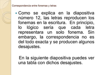Correspondencia entre fonemas y letras



Como se explica en la diapositiva
número 12, las letras reproducen los
fonemas en la escritura. En principio,
lo lógico sería que cada letra
representara un solo fonema. Sin
embargo, la correspondencia no es
del todo exacta y se producen algunos
desajustes.
En la siguiente diapositiva puedes ver
una tabla con dichos desajustes.

 
