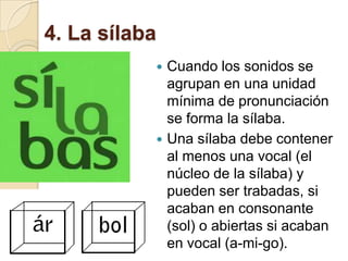 4. La sílaba




Cuando los sonidos se
agrupan en una unidad
mínima de pronunciación
se forma la sílaba.
Una sílaba debe contener
al menos una vocal (el
núcleo de la sílaba) y
pueden ser trabadas, si
acaban en consonante
(sol) o abiertas si acaban
en vocal (a-mi-go).

 