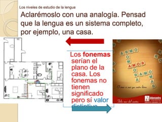 Los niveles de estudio de la lengua

Aclarémoslo con una analogía. Pensad
que la lengua es un sistema completo,
por ejemplo, una casa.
Los fonemas
serían el
plano de la
casa. Los
fonemas no
tienen
significado
pero sí valor
distintivo.

 