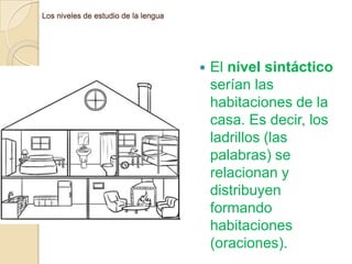 Los niveles de estudio de la lengua



El nivel sintáctico
serían las
habitaciones de la
casa. Es decir, los
ladrillos (las
palabras) se
relacionan y
distribuyen
formando
habitaciones
(oraciones).

 