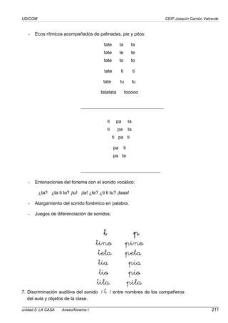 UDICOM CEIP Joaquín Carrión Valverde
unidad 5: LA CASA Anexo/fonema t 211
- Ecos rítmicos acompañados de palmadas, pie y pitos:
tate ta ta
tate te te
tate to to
tate ti ti
tate tu tu
tatatata tooooo
ti pa ta
ti pa ta
ti pa ti
pa ti
pa ta
- Entonaciones del fonema con el sonido vocálico:
¿ta? ¿ta ti to? ¡tu! ¡ta! ¿te? ¿ti ti tu? ¡taaa!
- Alargamiento del sonido fonémico en palabra.
- Juegos de diferenciación de sonidos:
t p
t p
t p
t p
tino pino
tela pela
tía pía
tío pío
tila pila
7. Discriminación auditiva del sonido / t / entre nombres de los compañeros
del aula y objetos de la clase.
 
