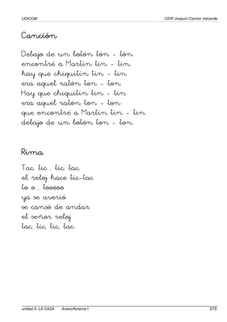 UDICOM CEIP Joaquín Carrión Valverde
unidad 5: LA CASA Anexo/fonema t 215
Canción
Canción
Canción
Canción
Debajo de un botón tón - tón
encontré a Martín tin - tin,
hay que chiquitín tin - tin
era aquel ratón ton - ton.
Hay que chiquitín tin - tin
era aquel ratón ton - ton
que encontré a Martín tin - tin
debajo de un botón ton - ton.
Rima.
Rima.
Rima.
Rima.
Tac, tic , tic, tac,
el reloj hace tic-tac
to o , tooooo
ya se averió
se cansó de andar
el señor reloj
tac, tic, tic, tac.
 