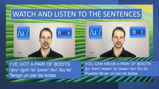 WATCH AND LISTEN TO THE SENTENCES
I’VE GOT A PAIR OF BOOTS
/aɪv/ /gɒt/ /ə/ /peər/ /əv/ /buːts/
Tengo un par de botas
YOU CAN WEAR A PAIR OF BOOTS
/jʊ/ /kən/ /weər/ /ə/ /peər/ /əv/ /buːts/
Puedes llevar un par de botas
 