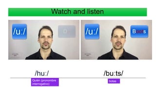 Watch and listen
/huː/ /buːts/
Quién (pronombre
interrogativo)
botas
 