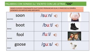 PALABRAS CON SONIDO /uː/ ESCRITO CON LAS LETRAS “OO”
soon
(pronto)
/suːn/
boot
(bota)
/buːt/
fool
(tonto)
/fuːl/
goose
(oca)
/guːs/
HEMOS ELEGIDO CONSONANTES QUE PUEDES PRONUNCIAR IGUAL O PARECIDO AL ESPAÑOL
(VEREMOS LOS MATICES MÁS ADELANTE)
 