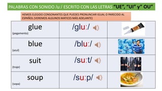 PALABRAS CON SONIDO /uː/ ESCRITO CON LAS LETRAS “UE”, “UI” y” OU”
glue
(pegamento)
/gluː/
blue
(azul)
/bluː/
suit
(traje)
/suːt/
soup
(sopa)
/suːp/
HEMOS ELEGIDO CONSONANTES QUE PUEDES PRONUNCIAR IGUAL O PARECIDO AL
ESPAÑOL (VEREMOS ALGUNOS MATICES MÁS ADELANTE)
 