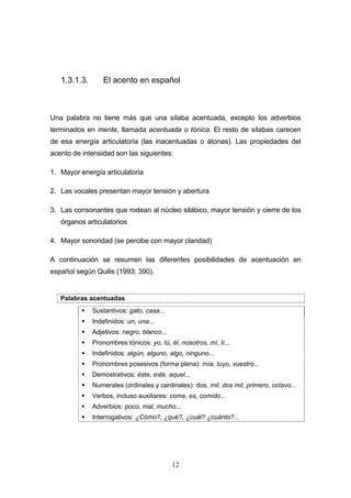 12
1.3.1.3. El acento en español
Una palabra no tiene más que una sílaba acentuada, excepto los adverbios
terminados en mente, llamada acentuada o tónica. El resto de sílabas carecen
de esa energía articulatoria (las inacentuadas o átonas). Las propiedades del
acento de intensidad son las siguientes:
1. Mayor energía articulatoria
2. Las vocales presentan mayor tensión y abertura
3. Las consonantes que rodean al núcleo silábico, mayor tensión y cierre de los
órganos articulatorios
4. Mayor sonoridad (se percibe con mayor claridad)
A continuación se resumen las diferentes posibilidades de acentuación en
español según Quilis (1993: 390).
Palabras acentuadas
 Sustantivos: gato, casa...
 Indefinidos: un, una...
 Adjetivos: negro, blanco...
 Pronombres tónicos: yo, tú, él, nosotros, mí, ti...
 Indefinidos: algún, alguno, algo, ninguno...
 Pronombres posesivos (forma plena): mía, tuyo, vuestro...
 Demostrativos: éste, este, aquel...
 Numerales (ordinales y cardinales): dos, mil, dos mil, primero, octavo...
 Verbos, incluso auxiliares: come, es, comido...
 Adverbios: poco, mal, mucho...
 Interrogativos: ¿Cómo?, ¿qué?, ¿cuál? ¿cuánto?...
 