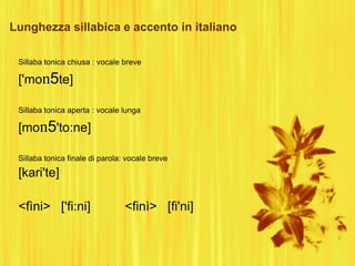 Lunghezza sillabica e accento in italiano
Sillaba tonica chiusa : vocale breve
['mon5te]
Sillaba tonica aperta : vocale lunga
[mon5'to:ne]
Sillaba tonica finale di parola: vocale breve
[kari'te]
<fìni> ['fi:ni] <finì> [fi'ni]
 