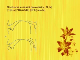 Occlusive e nasali prevelari [c, Ô, N]
[’cjEsa] ['Ôian5da] [iN'kç:modo]
 