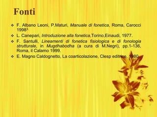Fonti
 F. Albano Leoni, P.Maturi, Manuale di fonetica, Roma, Carocci
19983.
 L. Canepari, Introduzione alla fonetica,Torino,Einaudi, 1977.
 F. Santulli, Lineamenti di fonetica fisiologica e di fonologia
strutturale, in Mugdhabodha (a cura di M.Negri), pp.1-136,
Roma, il Calamo 1999.
 E. Magno Caldognetto, La coarticolazione, Clesp editrice, 1980.
 