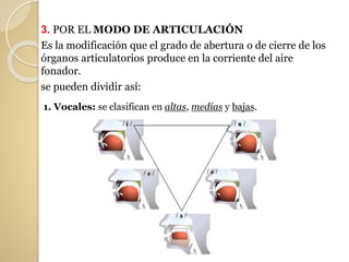 3. POR EL MODO DE ARTICULACIÓN
Es la modificación que el grado de abertura o de cierre de los
órganos articulatorios produce en la corriente del aire
fonador.
se pueden dividir así:
1. Vocales: se clasifican en altas, medias y bajas.
 