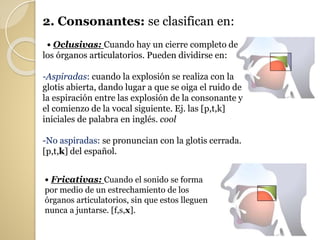 2. Consonantes: se clasifican en:
• Oclusivas: Cuando hay un cierre completo de
los órganos articulatorios. Pueden dividirse en:
-Aspiradas: cuando la explosión se realiza con la
glotis abierta, dando lugar a que se oiga el ruido de
la espiración entre las explosión de la consonante y
el comienzo de la vocal siguiente. Ej. las [p,t,k]
iniciales de palabra en inglés. cool
-No aspiradas: se pronuncian con la glotis cerrada.
[p,t,k] del español.
• Fricativas: Cuando el sonido se forma
por medio de un estrechamiento de los
órganos articulatorios, sin que estos lleguen
nunca a juntarse. [f,s,x].
 