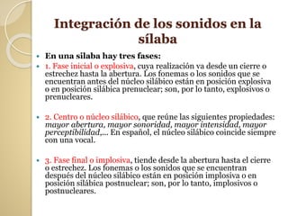  En una silaba hay tres fases:
 1. Fase inicial o explosiva, cuya realización va desde un cierre o
estrechez hasta la abertura. Los fonemas o los sonidos que se
encuentran antes del núcleo silábico están en posición explosiva
o en posición silábica prenuclear; son, por lo tanto, explosivos o
prenucleares.
 2. Centro o núcleo silábico, que reúne las siguientes propiedades:
mayor abertura, mayor sonoridad, mayor intensidad, mayor
perceptibilidad,... En español, el núcleo silábico coincide siempre
con una vocal.
 3. Fase final o implosiva, tiende desde la abertura hasta el cierre
o estrechez. Los fonemas o los sonidos que se encuentran
después del núcleo silábico están en posición implosiva o en
posición silábica postnuclear; son, por lo tanto, implosivos o
postnucleares.
Integración de los sonidos en la
sílaba
 