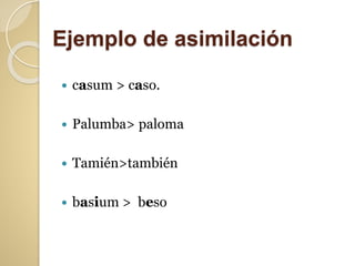 Ejemplo de asimilación
 casum > caso.
 Palumba> paloma
 Tamién>también
 basium > beso
 