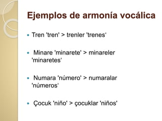 Ejemplos de armonía vocálica
 Tren 'tren' > trenler 'trenes‘
 Minare 'minarete' > minareler
'minaretes‘
 Numara 'número' > numaralar
'números‘
 Çocuk 'niño' > çocuklar 'niños'
 