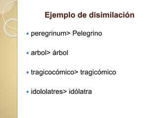Ejemplo de disimilación
 peregrinum> Pelegrino
 arbol> árbol
 tragicocómico> tragicómico
 idololatres> idólatra
 