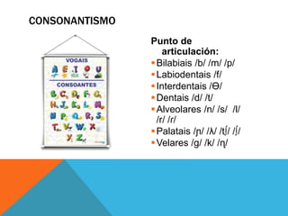 Punto de
articulación:
Bilabiais /b/ /m/ /p/
Labiodentais /f/
Interdentais /Ɵ/
Dentais /d/ /t/
Alveolares /n/ /s/ /l/
/r/ /ɾ/
Palatais /ɲ/ /λ/ /t∫/ /∫/
Velares /g/ /k/ /ɳ/
CONSONANTISMO
 