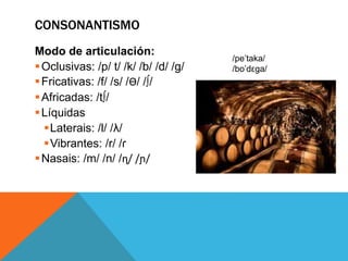 CONSONANTISMO
Modo de articulación:
Oclusivas: /p/ t/ /k/ /b/ /d/ /g/
Fricativas: /f/ /s/ /Ɵ/ /∫/
Africadas: /t∫/
Líquidas
Laterais: /l/ /λ/
Vibrantes: /r/ /ɾ
Nasais: /m/ /n/ /ɳ/ /ɲ/
/pe’taka/
/bo’dεga/
 