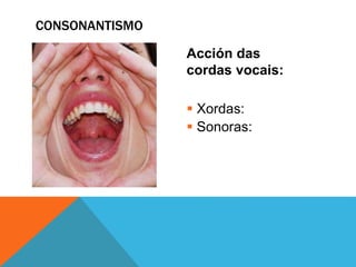 Acción das
cordas vocais:
 Xordas:
 Sonoras:
CONSONANTISMO
 