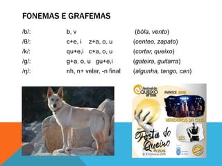 FONEMAS E GRAFEMAS
/b/: b, v (bóla, vento)
/θ/: c+e, i z+a, o, u (centeo, zapato)
/k/: qu+e,i c+a, o, u (cortar, queixo)
/g/: g+a, o, u gu+e,i (gateira, guitarra)
/ŋ/: nh, n+ velar, -n final (algunha, tango, can)
 