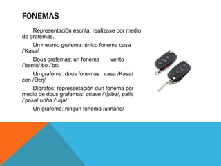 Representación escrita: realízase por medio
de grafemas.
Un mesmo grafema: único fonema casa
/'Kasa/
Dous grafemas: un fonema vento
/'bento/ bo /'bo/
Un grafema: dous fonemas casa /Kasa/
cen /Ɵɛŋ/
Dígrafos: representación dun fonema por
medio de dous grafemas: chave /’t∫abe/, palla
/’paλa/ unha /'uŋa/
Un grafema: ningún fonema /u'mano/
FONEMAS
 