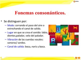Inicio

Fonemas consonánticos.
• Se distinguen por:
– Modo: cerrando el paso del aire o
estrechando el canal de salida.
– Lugar en que se crea el sonido: labio,
dientes,paladar, velo del paladar.
– Vibración de las cuerdas vocales:
sonoros/ sordos.
– Canal de salida: boca, nariz y boca.

12

 