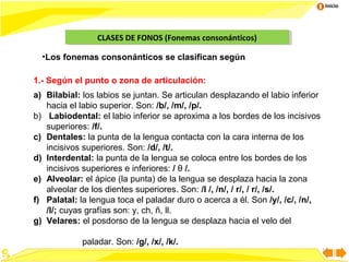 Inicio

CLASES DE FONOS (Fonemas consonánticos)
CLASES DE FONOS (Fonemas consonánticos)
•Los fonemas consonánticos se clasifican según
1.- Según el punto o zona de articulación:
a) Bilabial: los labios se juntan. Se articulan desplazando el labio inferior
hacia el labio superior. Son: /b/, /m/, /p/.
b) Labiodental: el labio inferior se aproxima a los bordes de los incisivos
superiores: /f/.
c) Dentales: la punta de la lengua contacta con la cara interna de los
incisivos superiores. Son: /d/, /t/.
d) Interdental: la punta de la lengua se coloca entre los bordes de los
incisivos superiores e inferiores: / θ /.
e) Alveolar: el ápice (la punta) de la lengua se desplaza hacia la zona
alveolar de los dientes superiores. Son: /l /, /n/, / r/, / r/, /s/.
f) Palatal: la lengua toca el paladar duro o acerca a él. Son /y/, /c/, /n/,
/l/; cuyas grafías son: y, ch, ñ, ll.
g) Velares: el posdorso de la lengua se desplaza hacia el velo del
paladar. Son: /g/, /x/, /k/.
14

 