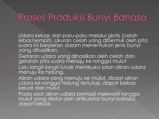 1. Udara keluar dari paru-paru melalui glotis (celah
lebar/sempit). Ukuran celah yang dibentuk oleh pita
suara ini berperan dalam menentukan jenis bunyi
yang dihasilkan.
2. Getaran udara yang dihasilkan oleh celah dan
getaran pita suara menuju ke rongga mulut
3. Lalu langit-langit lunak membuka jalan aliran udara
menuju ke hidung.
4. Aliran udara yang menuju ke mulut, disaat aliran
udara ke rongga hidung tertutup, dapat bebas
keluar dari mulut.
5. Pada saat aliran udara berhasil melewati rongga
mulut yang diatur oleh artikulator bunyi bahasa
dapat keluar.