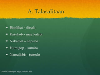 A. Talasalitaan

      Binalikat – dinala

      Kasukob – may katabi

      Nabatbat – napuno

      Humigop – sumira

      Namalisbis - tumulo



Guzman, Tumingeb, Apigo, Cenon c 2011
 