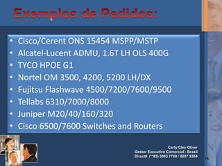 •   Cisco/Cerent ONS 15454 MSPP/MSTP
•   Alcatel-Lucent ADMU, 1.6T LH OLS 400G
•   TYCO HPOE G1
•   Nortel OM 3500, 4200, 5200 LH/DX
•   Fujitsu Flashwave 4500/7200/7600/9500
•   Tellabs 6310/7000/8000
•   Juniper M20/40/160/320
•   Cisco 6500/7600 Switches and Routers

                                                   Carly Cley Oliver
                                Gestor Executivo Comercial - Brasil
                                Direct# (**85) 3063 7769 / 8207 9384
                                                                       14
 