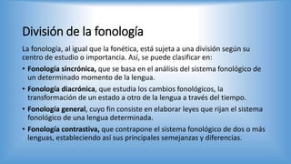 División de la fonología
La fonología, al igual que la fonética, está sujeta a una división según su
centro de estudio o importancia. Así, se puede clasificar en:
• Fonología sincrónica, que se basa en el análisis del sistema fonológico de
un determinado momento de la lengua.
• Fonología diacrónica, que estudia los cambios fonológicos, la
transformación de un estado a otro de la lengua a través del tiempo.
• Fonología general, cuyo fin consiste en elaborar leyes que rijan el sistema
fonológico de una lengua determinada.
• Fonología contrastiva, que contrapone el sistema fonológico de dos o más
lenguas, estableciendo así sus principales semejanzas y diferencias.
 
