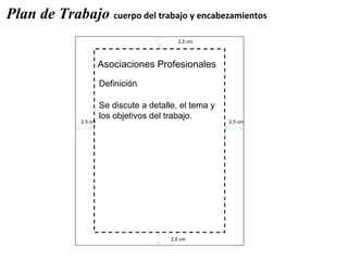 Plan de Trabajo cuerpo del trabajo y encabezamientos
             PORTADA ESTILO APA
                                             2,5 cm




                       Asociaciones Profesionales
                       Definición

                       Se discute a detalle, el tema y
                       los objetivos del trabajo.
              2,5 cm                                     2,5 cm




                                          2,5 cm
 