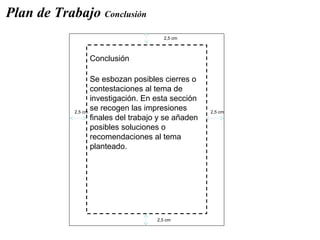 Plan de Trabajo Conclusión ESTILO APA
             PORTADA
                                      2,5 cm



              Conclusión

                 Se esbozan posibles cierres o
                 contestaciones al tema de
                 investigación. En esta sección
          2,5 cm
                 se recogen las impresiones        2,5 cm
                 finales del trabajo y se añaden
                 posibles soluciones o
                 recomendaciones al tema
                 planteado.




                                   2,5 cm
 